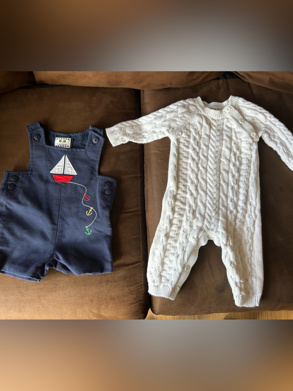 Eiseman Navy Sailboat romper, Hope & Henry white cable knit bodysuit (3-6M)